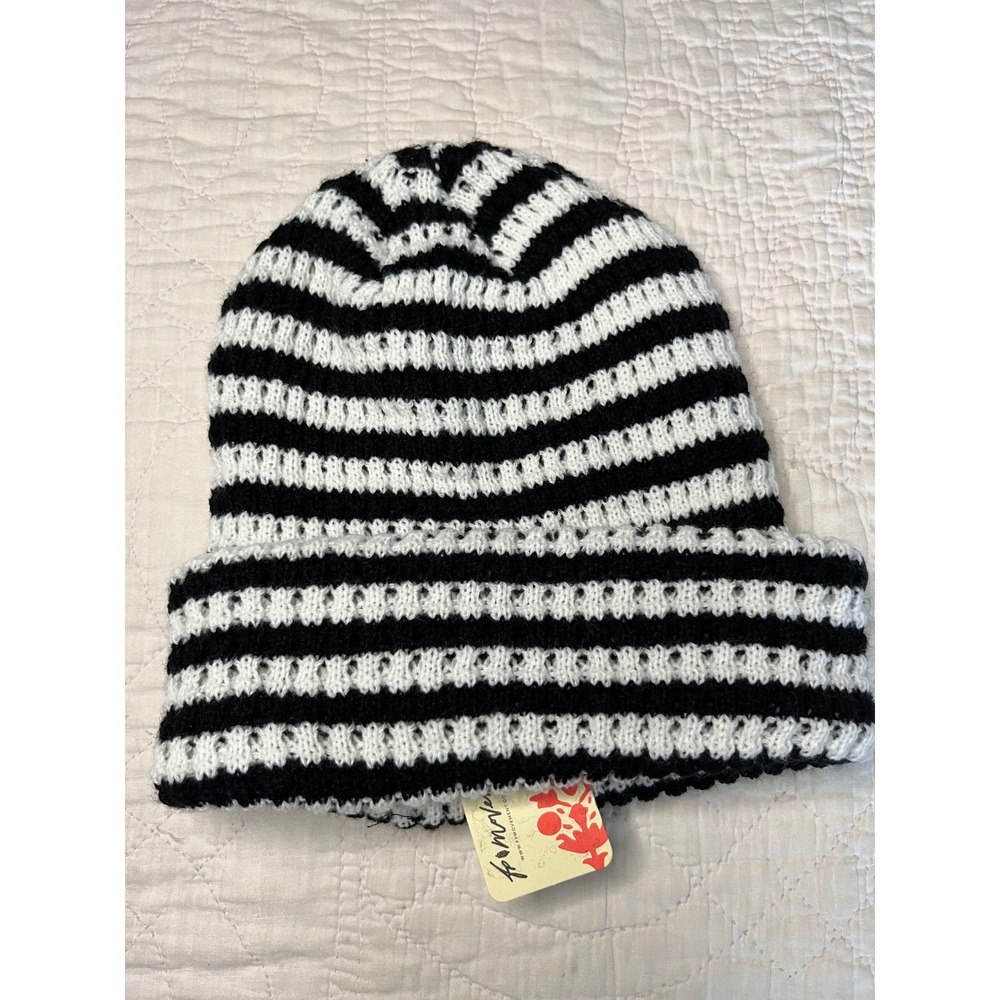 FP Movement Free People Black White Striped Knit Beanie Hat NWT